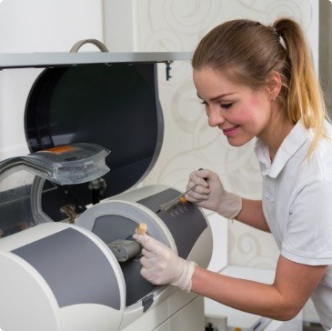 Dental team member checking on CEREC machine