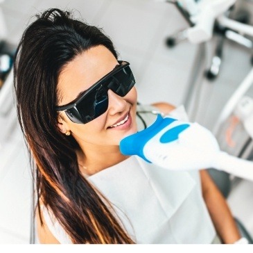 Woman getting professional teeth whitening from cosmetic dentist