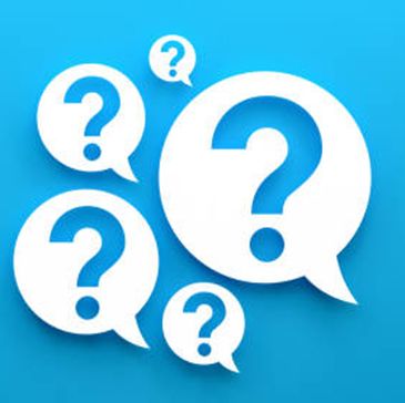 Question marks in white thought bubbles on blue background